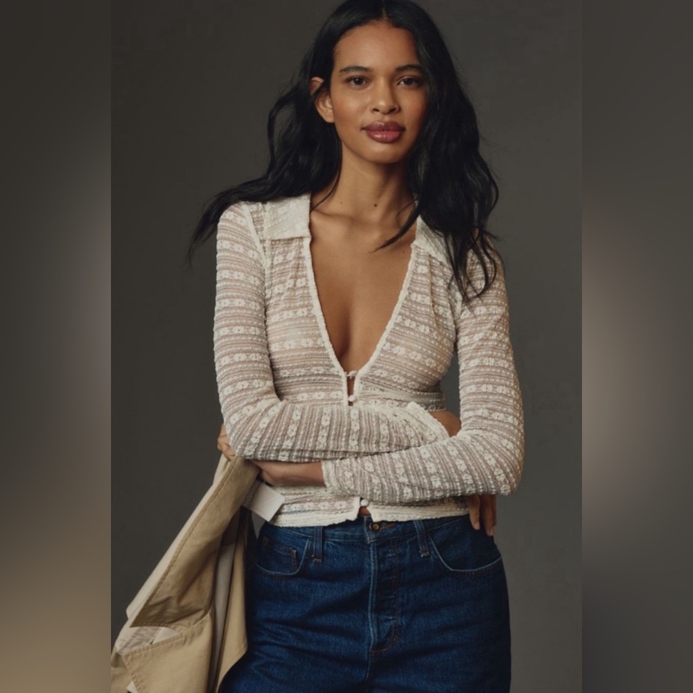 ANTHROPOLOGIE LONG-SLEEVE V-NECK FLORAL LACE TOP